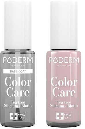 PODERM - LOT 2 PRODUITS | SOIN VERNIS PROFESSIONNEL | Base Coat Tenue Parfaite + Vernis PARME Tea Tree | Prévention & Traitement des Ongles Jaunes/Abîmés | SOIGNE & COLORE | Swiss Made