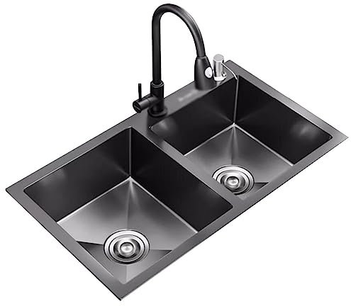 Küchenspülen Großes Doppelwaschbecken Aus Edelstahl Gemüsewaschbecken Im Pantry-Studio des Hotels Küche, Balkon, Wasserbecken Siphon-Waschbecken (Color : Schwarz, S : 75 * 41 * 21cm)