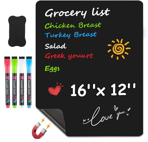 MaxGear Magnetic Black Dry Erase Board Sheet for Refrigerator, 16x12 Fridge Magnetic Whiteboard for Kitchen, Fridge Shopping List for Family Planner and Grocery List, 4 Chalk Markers, 1 Eraser