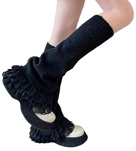 Owegvia Beinstulpen für Damen, süße Schleife, Wadenabdeckung, Stiefelsocken, niedlich, japanische Beinstulpen, Gothic, Lolita, Zubehör, Streetwear, Spitze schwarz, One size