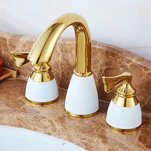 Bathroom Sink Tap 3 Pieces Set Bathtub Faucet, Deck Mounted Gold Luxury Bathroom Tub Mixer, 3 Holes Widespread Bath Faucet Set Sink Tap Basin Taps (Color : 01)