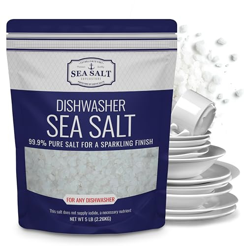 Sea Salt Superstore diskmaskin – helt naturlig vattenmjukgörare för en ren finish – kompatibel med Bosch, Miele, Thermador, Whirlpool diskmaskiner och mer – livsmedelssäker grov (2,3 kg påse)