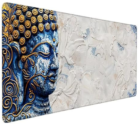 Gaming Mauspad XXL - Großes Mousepad 90x40cm - rutschfeste Schreibtischunterlage für Gaming und Büro - Fransenfreie Ränder - Präzises und Langlebiges Maxlvl Large Mouse Pad - (Blau Buddha-Statue) C-C3
