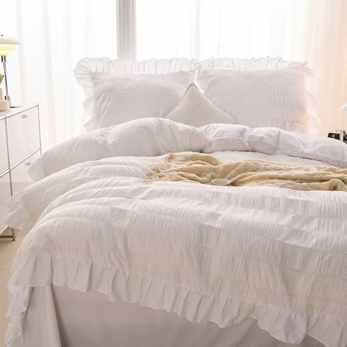 GETIYA Weiß Seersucker Bettwäsche 135x200 Mädchen Damen Bettwäsche mit Rüschen Aesthetic Streifen Muster Seersucker Bettbezug Einzelbett Weich Mikrofaser Bettbezug mit 1 Kissenbezug 80x80