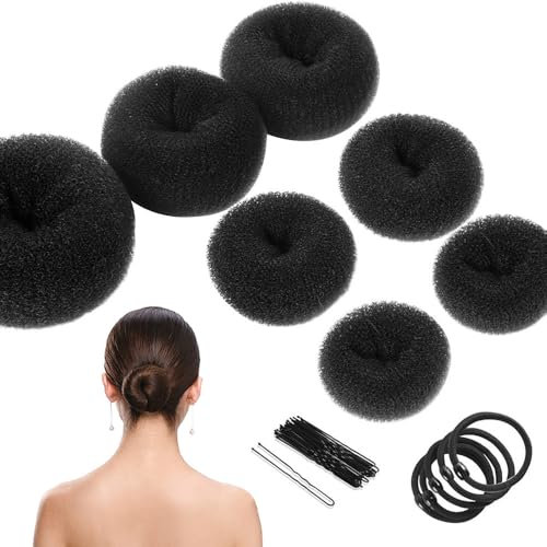 Donut Bun Maker Set, 7PCS Hair Donut Hair Bun Shaper Set, 4 Sizes Hair Donut Bun Ring with 5 Bands & 10 Bun Pins, Hair Bun Makers Set for Chignon Hair Styles Ballet Dancers Girls(Black)