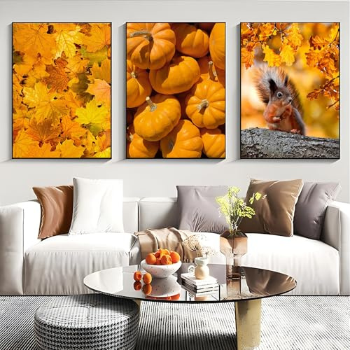 Uixxducc 3er Herbst Poster Set, Aesthetic Tannenzapfen Kürbis Blätter Eichhörnchen Bilder Set, Natur Herbst Wandbilder Wohnzimmer Wanddeko für Schlafzimmer, Ohne Rahmen (B,21x30cm)