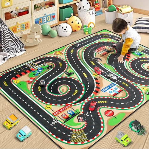 Diysani Kids Rug, Race Track Baby Play Mats, Realistic 3D Cascading Surround Route, 5x7 Ft Kids Rug for Playroom, Great for Playing with Cars and Toys, Non-Slip Car Carpet