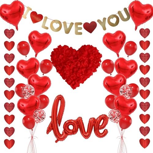 Hochzeit Deko Rot Herz Luftballons - 29 Stück I Love You Banner Love Folienballons Herzluftballons künstliche Rosenblätter Für Brautdusche Valentinstag Geburtstags Verlobung Hochzeit Party Deko