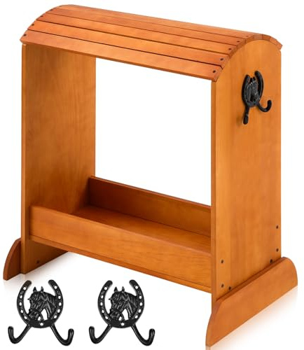 Threehoney Pine Wood Saddle Rack 30 x 25.6 x 12 Horse Saddle Rack Stand for Western Saddles and Horse Tack Organizers Heavy Duty Tack Storage Accessories with 2 Hooks(Regular,Walnut)