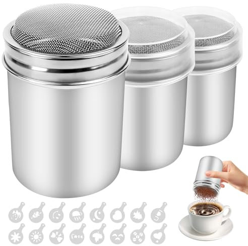 3pcs Espolvoreador Cacao con Malla Tapa，Agitadores de Polvo de Acero Inoxidable，Espolvoreador de Cacao Chocolate，Latas de Polvo con Malla para el café Capuchino Latté