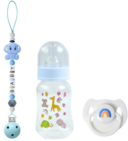 SCOM Reborn Baby Doll Accessories Set - Rainbow Magnetic Pacifiers & Removable Reusable Baby Doll Bottles with Silicone Pacifier Clips for Reborn Dolls Boys for Doll Lover, Blue Style, 3 Pcs