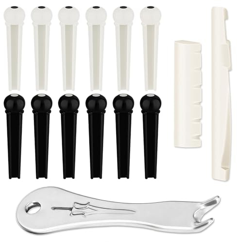 12 Stück Stegstifte für Akustikgitarren, mit 2 Stück Sattelmuttern für Gitarren und 1 Stück Stegstift-Abzieher,Gitarrenstegstifte,Gitarren Zubehör,Zubehör für Guitar Bridge Pins