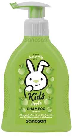 sanosan Kindershaampoo Apfel 200 ml - Haar Shampoo Kinder & Babys | mit Bio Olivenextrakt & Milchprotein - Haarpflege Kindershampoo für Mädchen & Junge - Kinder Shampoo