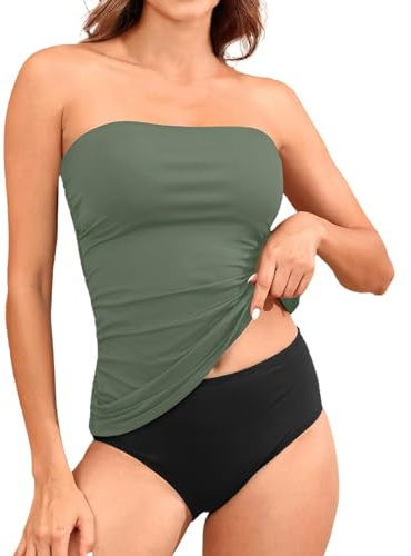 Tankini Sets for Women UK Tummy Control Swimming Costumes Bandeau Tankini Swimwear Swim Sets High Waist Bathing Suit Bandeau Swimsuits with Detachable Straps Strapless Tankini Top with Shorts