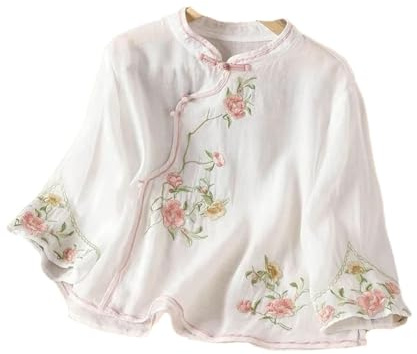 BoShiNuo Chemise chinoise à col montant en coton et lin pour femmes, col incliné, service à thé boutonné, haut à manches trois-quarts, N3 Blanc, XS