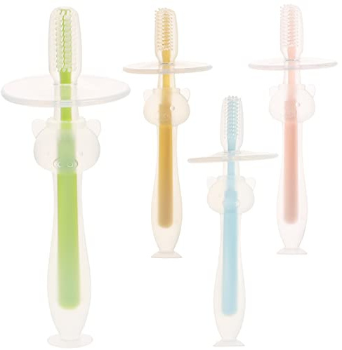 Silikonzahnbürste für Babys 4 Stück-pack mit Saugfuß aus Silikon | Kleinkind Trainingszahnbürsten, Extra Weich für Zähne und Zunge, Tragbar