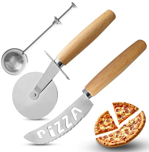 3 accesorios de pizza, cortador de pizza, 2 cortadores de repostería con mango de madera y 1 tamiz de harina, fácil de cortar y limpiar, apto para lavavajillas, rueda cortador de pizza súper afilada