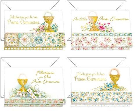 Magicamente Carta - Biglietti Auguri Comunione con Tasca Portasoldi, Set da 4 Biglietti Auguri, Cartoncino Alta Qualità, Stampa Professionale, Eleganti e Pronti per Doni Speciali