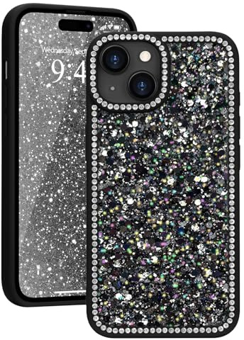 Ethanger für iPhone 15 Plus/14 Plus Hülle Glitzer, Bling Sparkle & Kristall Luxus Glänzend Diamant Handyhülle für Frauen Mädchen, Transparent Silikon Case TPU Stoßfest Schutzhülle, Schwarz