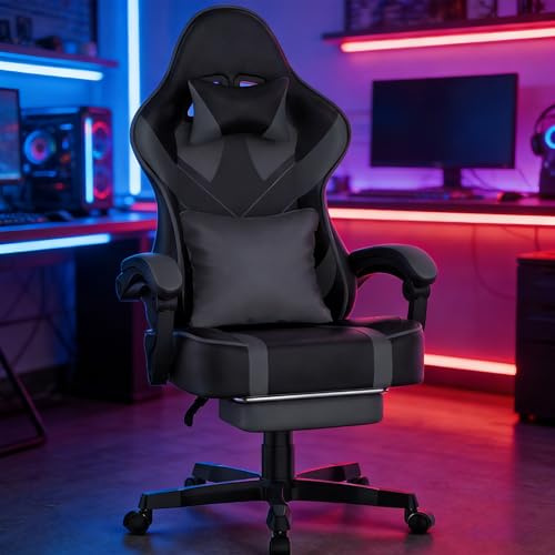 Soontrans Chaise Gaming avec Coussin Lombaire, Chaise Gamer Rembourrée, Fauteuil Gaming avec Tapis de Souris, Repose Pieds Rétractable, Simili Cuir, Dossier Inclinable à 135°（Noir et Gris）