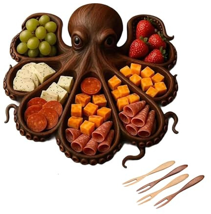 Tabla de embutidos de pulpo, plato de madera para servir queso, carnes y mariscos, bandeja única con temática oceánica, regalo para amantes de la playa y entretenimiento