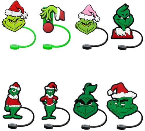 HIXNUG 8 decorazioni natalizie per cannuccia da 10 mm, in silicone, colore verde, riutilizzabili, per regali di Natale e Capodanno