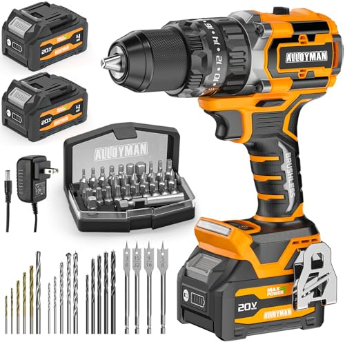 Alloyman 20V MAX Cordless Hammer Drill, Max 620 In-lbs, 31500BPM, Brushless Motor, 1/2 Keyless Metal Chuck, 20+3 Torque Settings, Impact Drill Kit for Drilling Brick Wall, Metal