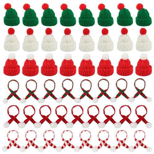 Sunyunze 60 Stück Kleine Weihnachtsmütze und Schal Set | Finger Mini Nikolausmütze Strickmütze des Weihnachten für Weihnachtsfeier Dekor Flaschendeko Schneemann Puppenhaus Tischdeko