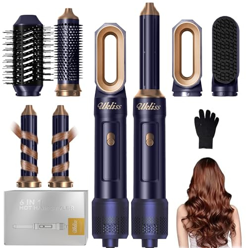 UKLISS 6 in 1 Hairstyler, Haarstyler & Haartrockner Set mit Warmluft Lockenbürste Automatisch, Hair Dryer, Rundbürstenföhn, Warmluftbürste, Haarföhn, Geschenke für Frauen Haarstyling - Pro Blau