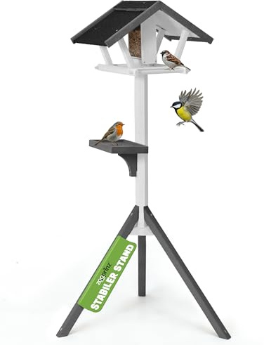 zooprinz Vogelhaus mit Ständer aus Holz – Vogelfutterstation mit herausnehmbarem Silo -Wetterfestem Dach & Ablage – großer Vogelfutterspender/Futterhäuschen für Vögel & Wildvögel – Für Garten (Weiß)