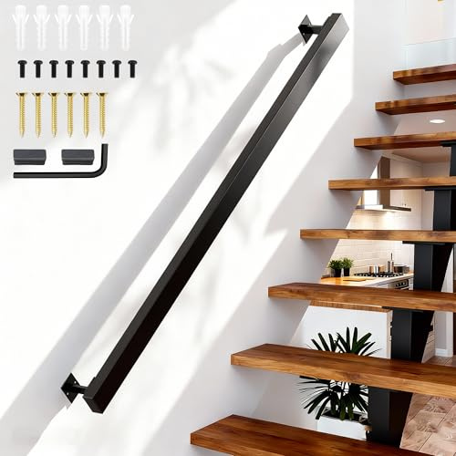 Handlauf Metall, Schwarz Matt Geländer Treppe Wandhandlauf Wand Innen und Außen mit Wandhalterung und Endkappen, Treppengeländer mit Zubehör, Handlauf Treppe für Treppen, Brüstung, Balkon (60cm)
