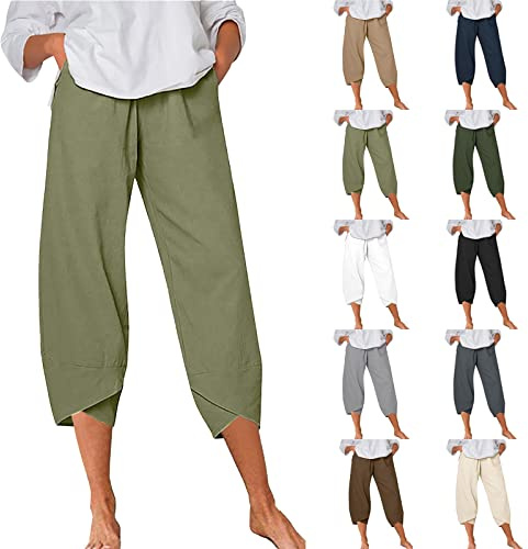 Pantalones de verano ligeros y aireados para mujer, 3/4, pantalones de lino para mujer, pantalones capri, pantalones capri, pierna ancha, pantalones de ocio, elegantes, elásticos, pantalones