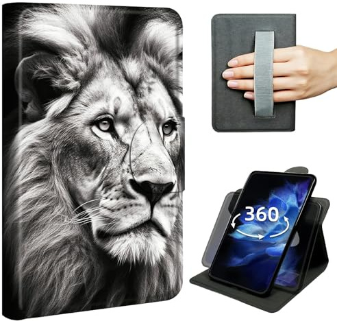 Schutzhülle für Kindle Fire HD 10 Tablet (5. / 7. / 9. Generation, 2015 / 2017 / 2019), 360° drehbarer Ständer, mit Handschlaufe, stoßfest, mit automatischer Schlaf-/Wachfunktion, Löwe