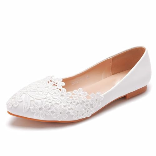 Dam spetsballerinaskor spets tår slip on bred passform kontor pendling bröllopsgäst resor, Vit, 41 EU