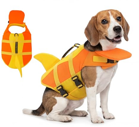 Ranphy - Gilet de sauvetage pour chiens en forme de requin, avec flotteur sous le menton, haute flottabilité, avec poignée de sauvetage et anneau pour laisse pour la piscine, la navigation et la plage