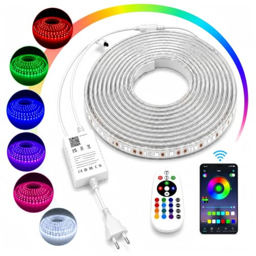 ONSSI Tiras LED 220V RGB Multicolor 2M, IP65, SMD5050, 60 LED/m, con Controlador Bluetooth, Control por APP y Mando a Distancia