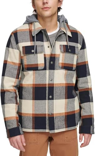 Levi's Men's Cotton Shirt Jacket with Soft Faux Fur Lining and Jersey Hood, Skateboard Plaid, Large