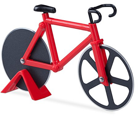 Relaxdays 1 x Fahrrad Pizzaschneider, lustiger Pizzaroller mit Schneiderädern aus Edelstahl, Cutter für Pizza & Teig, rot