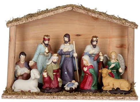 Gisela Graham CERAMIC NATIVITY FIGURES IN WOOD STABLE ORN