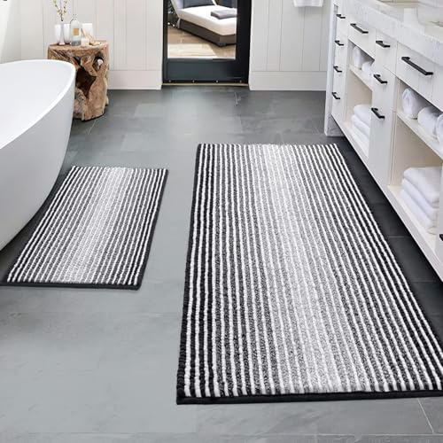 BSICPRO Bathroom Rugs and Mats Sets, 2 Piece Thick Absorbent Chenille Bath Mat Rug Set Non Slip, Soft Shaggy Bath Room Floor Mats for Bathroom, Machine Washable (20 x 47 Plus 16 x 24, Black)