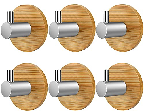 Atuful Klebehaken Holz Edelstahl Handtuchhalter Bambus Handtuchhaken Haken Selbstklebend Handtuchhaken für Badezimmer Küche Wohnzimmer Büro(6 Stück)