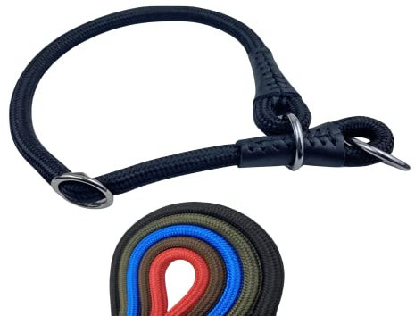 Soft Cord - Hundehalsband mit Zugbegrenzung, Nylon Halsung, Zugstopper, schwarz, XXS - 35cm, einstellbar, robust, wetterfest, innen textilverstärkt und Endkappen aus Leder