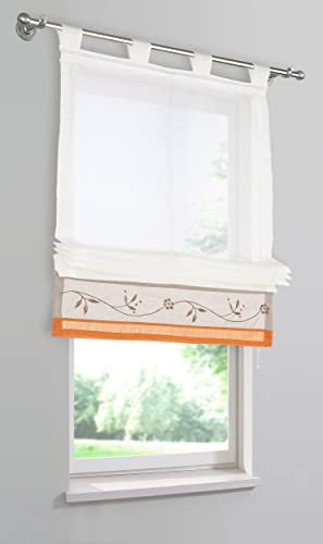 Devola Voile Raffrollo transparent Raffgardinen mit Schlaufen Blumenmuster Stickerei Fenstergardinen Faltvorhang Modern Rollo Küchengardine Tür Vorhänge BxH 80x155cm Orange 1er Pack