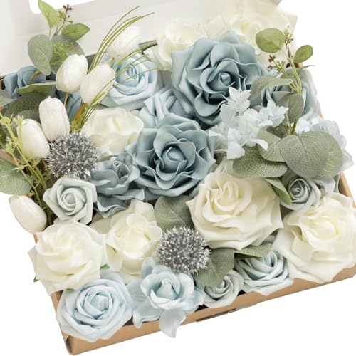 Ling's moment gefälschte Blumen Box, künstliche Pflanzen Stängel Schaum Rosen Seide Grün für Hochzeit Dekor Tafelaufsätze Tischdekorationen Blumenarrangements, staubig blau & weiß, große Kombination