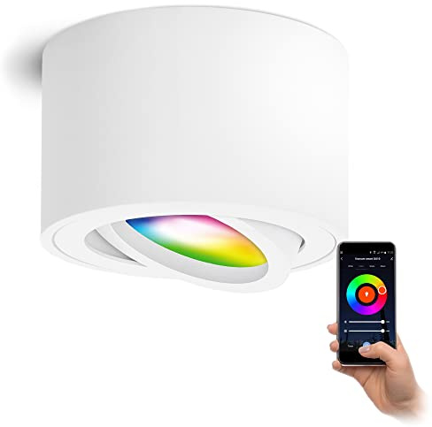 linovum SMOL Aufbauspot weiß flach schwenkbar Smart LED WLAN RGBW App 230V | Smarter Deckenspot weiß - schwenkbar, per App & Alexa steuerbar, RGB-Farblicht, für Wohnzimmer & Flur, ohne Hub
