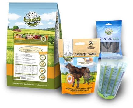 Bellfor Futterset für Neufundländer Kaltgepresstes Getreidefreies Trockenfutter Wiesen-Schmaus mit Huhn 4 kg und Gelenke & Knochen Complete-Snack 150 g und Dental Sticks 100 g
