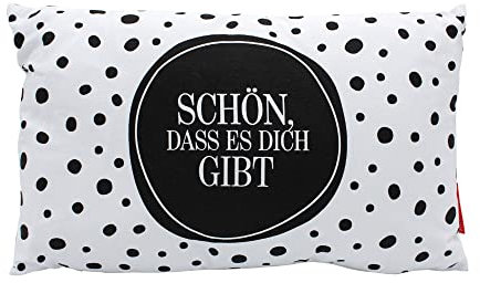 Dekohelden24 Kissen/Kuschelkissen mit Bezug aus 100% Baumwolle in schwarz-weiß gepunktet, L/B/H: 40 x 13 x 23 cm. Motiv: Schön, DASS es Dich gibt