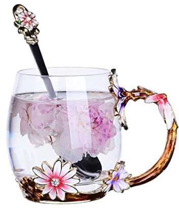 Biigming Enamel Glas Kaffeetassen Teetasse mit Schmetterling Blumen mit Schöne Stahllöffel Personalisierte Geschenke für Mama y Freundin zum Geburtstag Weihnachtsgeschenke (Daisy-330ml)