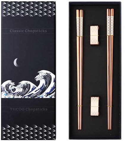 TIICOO Rose Gold Titanium Stainless Steel 18/8 Metal Chopsticks 2 Pairs with Holder, Dishwasher Safe Japanese Style Chopsticks Gift Set