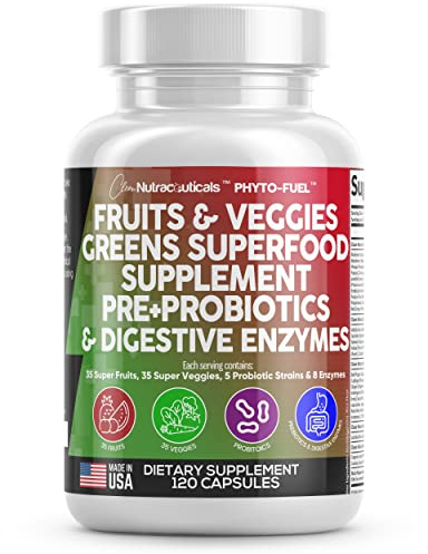 Clean Nutraceuticals Fruits and Veggies Supplement Reds & Green Superfood - Balance of Over 70 Fruit & Vegetable Supplements Capsules with Probiotics Prebiotics Digestive Enzymes - 120 Ct USA